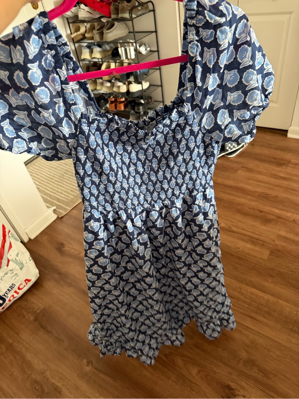 J.Crew Blue Floral Smocked Midi Dress Puff Sleeve Size Small